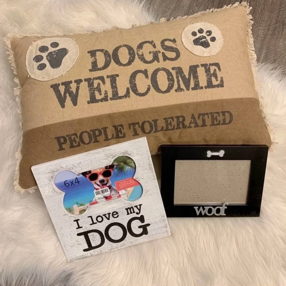 Dogs Welcome Pillow & Picture Frames Home Decor Set Bundle - Brown / Neutral NWT